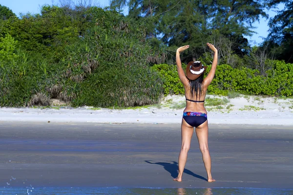 Woman and bikini exercise on beach Ban Krut — 스톡 사진