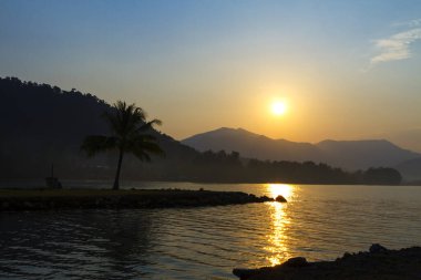 Gün doğumu Koh Chang Tayland sahilinde siluet hindistan cevizi ile