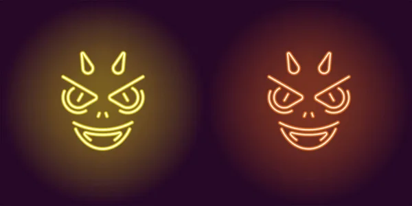 Neon Devil in Yellow and Orange color. Vector illustration of Demon face with horns and fangs for Halloween party in glowing neon style. Isolated graphic element for Halloween decoration