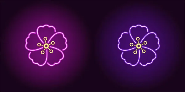Neon Hawaiian flower in purple and violet color. Vector illustration of Hibiscus flower icon in glowing neon style. Illuminated graphic element for decoration