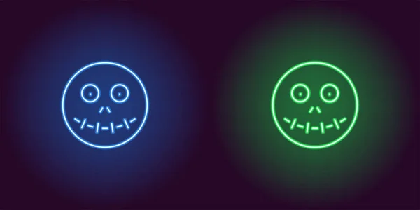 Neon zombie head in blue and green color. Vector illustration icon of Zombie face with sewn mouth in glowing neon style. Illuminated graphic element for decoration of Halloween holiday