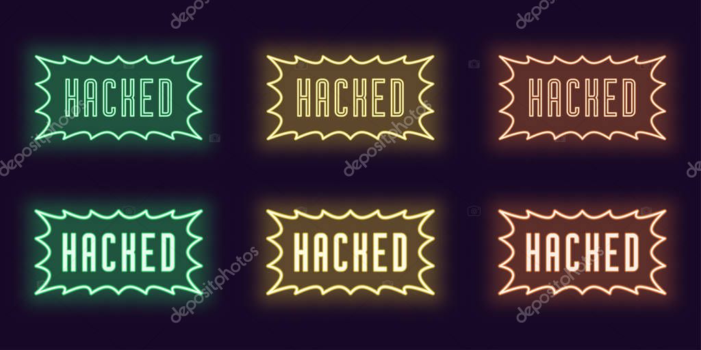 Neon Icon Set Of Stamp Hacked Vector Illustration Of Glowing Neon Text Hacked With Border Frame Isolated Digital Collection Of Signs Symbols And Labels For Web Green Yellow And Orange Color