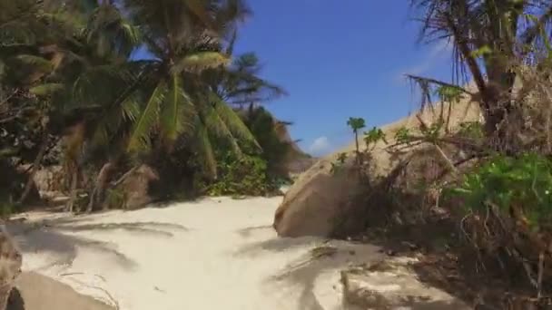 Caminhando através de rochas e palmas para a praia do oceano, La Digue, Seychelles — Vídeo de Stock