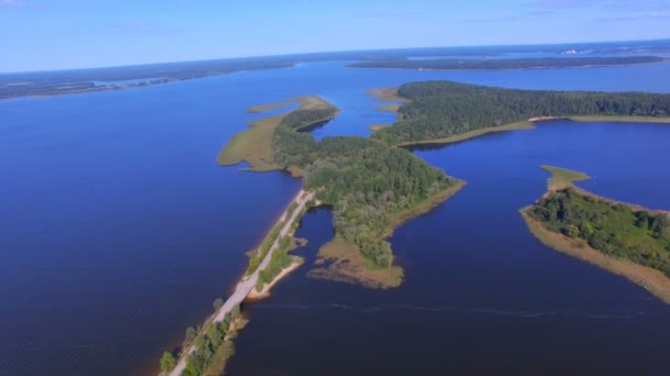 Aerial View Of The Road To Klichen Island On Lake Seliger, Russia 1 — Stock Video