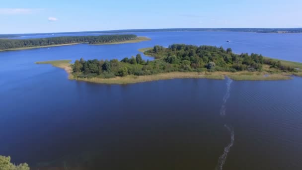 Vista aérea de una pequeña isla en el hermoso lago Seliger, Rusia — Vídeo de stock