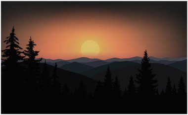 Görüntü manzara. Dağlarda günbatımı. Renkli gökyüzü.  