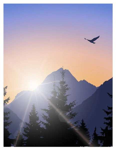 Paisagem Imagem Brilhantemente Sol Nas Montanhas Pássaro Céu —  Vetores de Stock