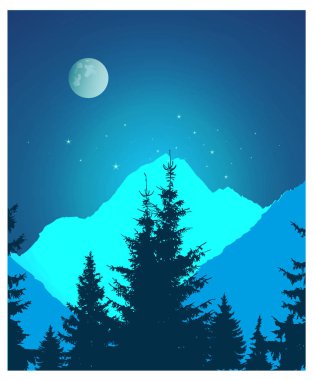 Görüntü manzara. Silhouette iğne yapraklı ağaçlar ve gece gökyüzü ve dolunay arka plan karlı buzlu. Neon sanat.