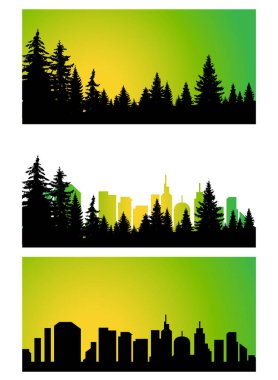Şehir ve iğne yapraklı orman üç panoramik afiş. Yeşil ve sarı tonlar. 