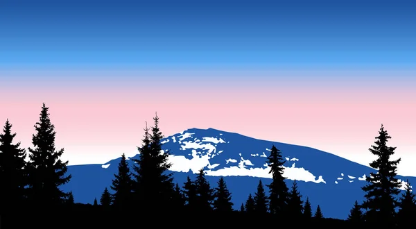 Banner Ecológico Silueta Montañas Con Nieve Árboles Coníferas Tonos Azul — Vector de stock