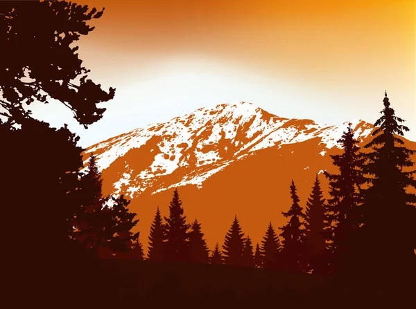 Hegyek Panorámája Sziluettje Hegyek Tűlevelű Fák Háttérben Narancs — Stock Vector