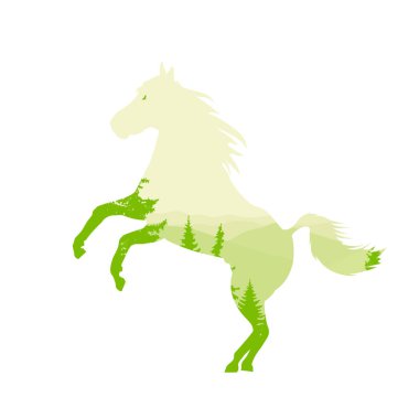 Siluet at dağ manzarası ile çalışan. Yeşil tonları.