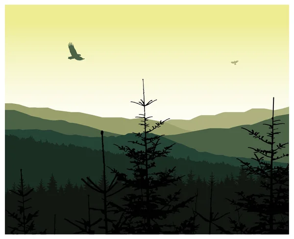 Bild Landskap Morgon Bergen Fåglar Himlen Gröna Och Gula Toner — Stock vektor
