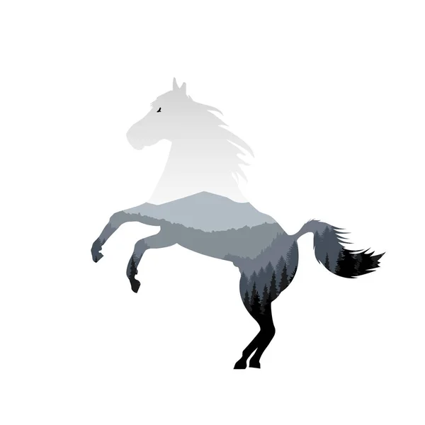 馬を搭載した山の風景のシルエット 灰色の調子 — ストックベクタ