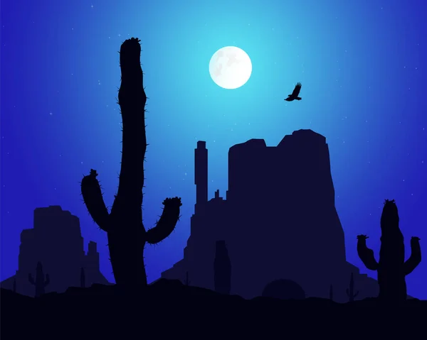 Silueta Cactus Florecientes Rocas Occidentales Sobre Fondo Del Cielo Nocturno — Vector de stock