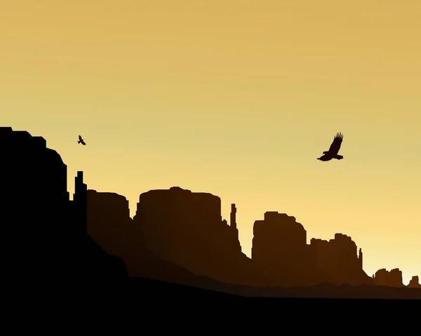 Desierto Occidental Rocas Águilas Voladoras Cielo Amarillo — Vector de stock