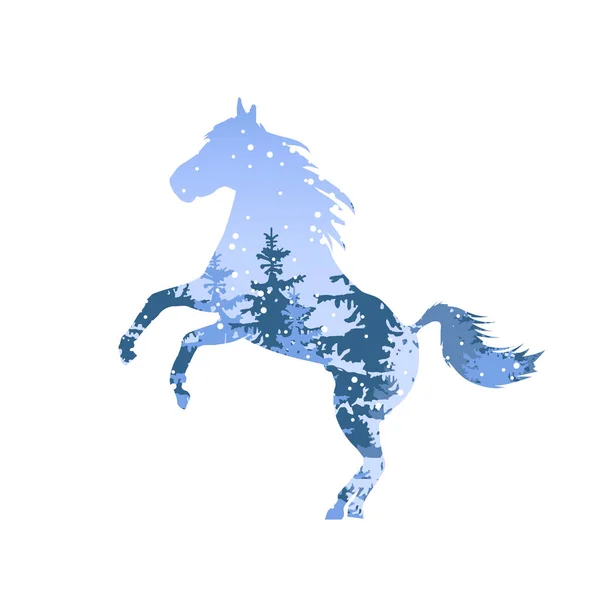 Silhueta Cavalo Com Floresta Inverno Neve —  Vetores de Stock