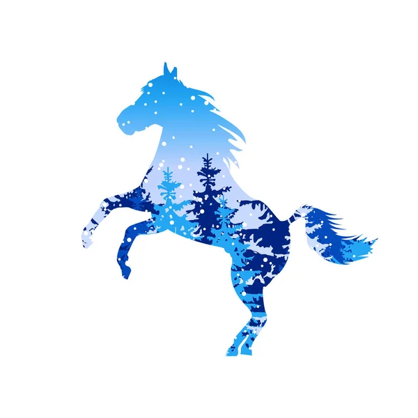 Silhouette Cavallo Con Bosco Invernale Sta Nevicando Tonalità Blu — Vettoriale Stock