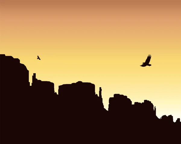 背景を風景します 西部の砂漠 飛行のワシ カラフルな空 — ストックベクタ