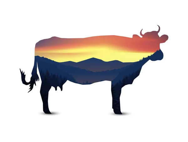 Silhueta Vaca Com Panorama Montanhas Valley Desfiladeiro Boa Noite Aurora — Vetor de Stock