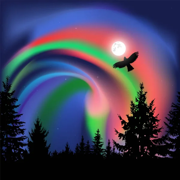Силуэт Хвойных Деревьев Фоне Красочного Неба Летающий Орёл Спокойной Ночи — стоковый вектор