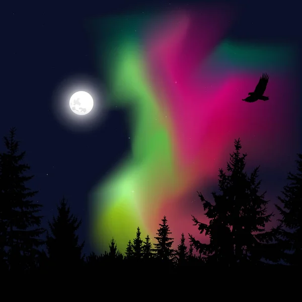 Siluett Barrträ Bakgrunden Färgglada Himlen Flygande Örn Natt Grönt Och — Stock vektor