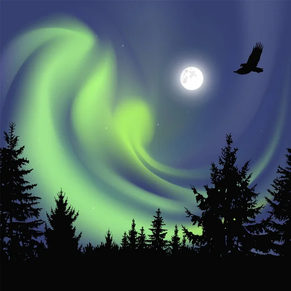 Siluett Barrträ Bakgrunden Färgglada Himlen Flygande Örn Natt Moonlight Grönt — Stock vektor