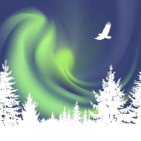 Abstrakt Vit Silhuett Barrträ Bakgrunden Färgglada Himlen Flygande Örn Grönt — Stock vektor