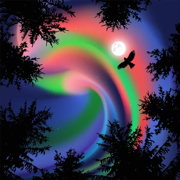 Siluett Barrträ Bakgrunden Färgglada Himlen Flygande Örn Northern Lights Visa — Stockfoto