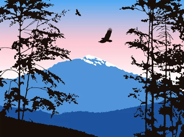 Panorama Montanhas Silhueta Montanhas Com Neve Árvores Caducas Tons Rosa — Fotografia de Stock