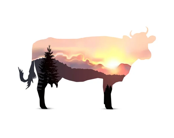 Silhueta Vaca Com Árvores Coníferas Fundo Das Montanhas Céu Colorido — Fotografia de Stock