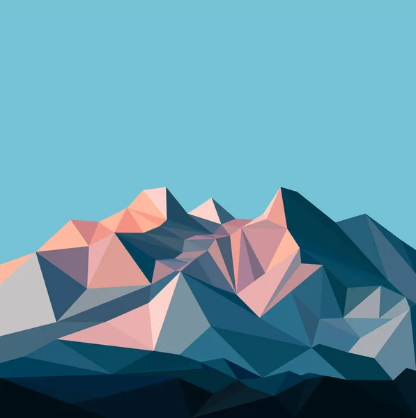 Kar dağları zirve afiş. Çokgen sanatı. Dağların mavi ve pembe tonları. Mavi gökyüzü.