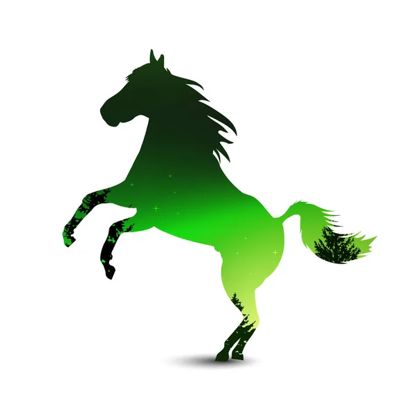 カラフルな空の背景上のアカマツ林と馬のシルエット ノーザン ライト 緑と黒のトーン — ストックベクタ