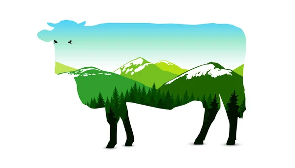 Silhouette Vache Avec Panorama Des Montagnes Des Sommets Enneigés Nuances — Image vectorielle