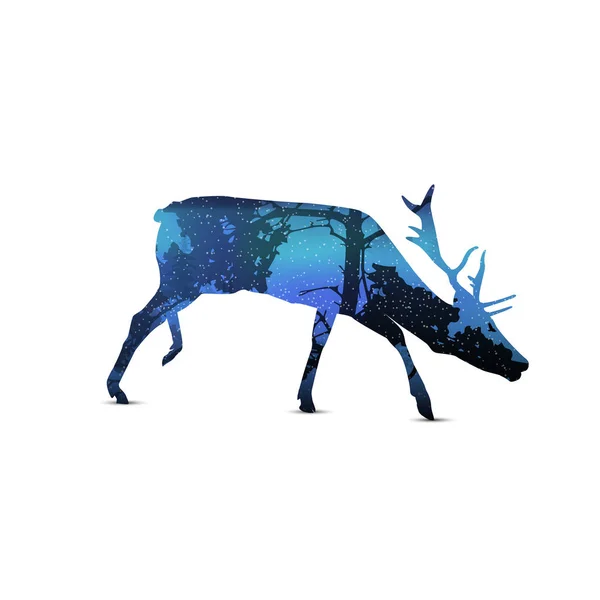 Silhouette Snarling Elk Winter Landscape — Stock Vector