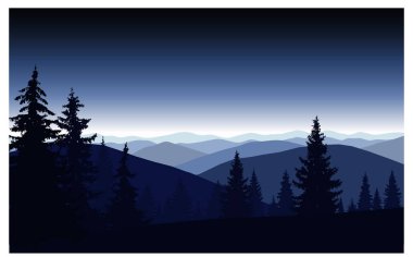  Dağlar ve iğne yapraklı ağaçlar silüeti. İyi akşamlar. Mavi tonları. 