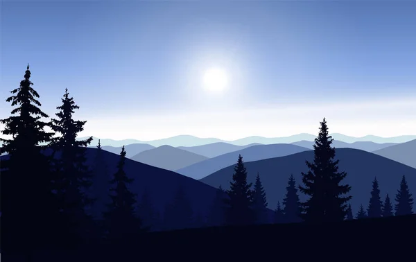Silhueta Montanhas Árvores Coníferas Tons Azuis — Fotografia de Stock
