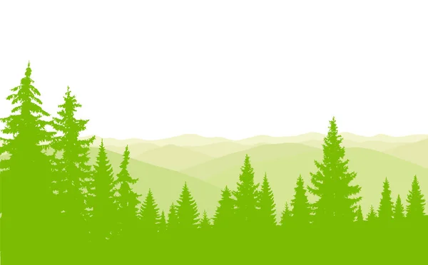 Poziomy Baner Wzgórza Drewna Iglastego Kolorach Zielonym Białym Mgła — Zdjęcie stockowe