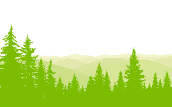 Horizontal banner of hills and coniferous wood in green and white tones. Mist.