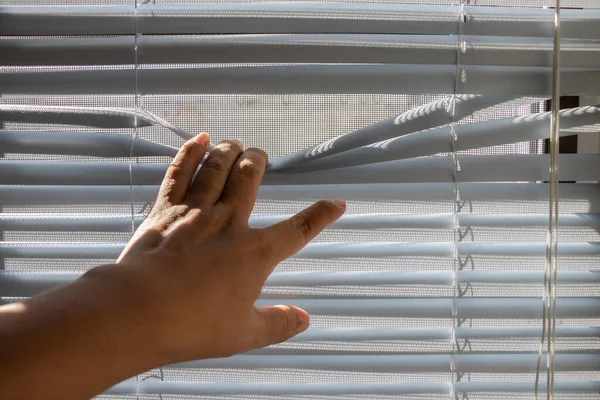 Parmaklar Pencereyi Gerdi Panjurlar Dışarı Baktı — Stok fotoğraf