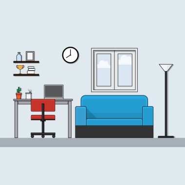 Evde çalışmanın düz tasarım vektör görüntüsü oturma odasında kucak ve pencere kenarında rahatlamak için bir kanepe ile modern