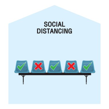 Keep a safe distance when sitting in a chair in public. Simple vector icons above white background. Vector illustration.