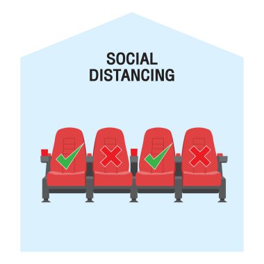 Keep a safe distance when sitting in a movie theater. Simple vector icon over white background. Illustration