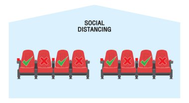 Keep a safe distance when sitting in a movie theater. Simple vector icon over white background. Illustration