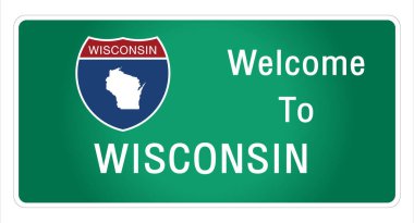 Yol tabelası Amerikan tarzında otoyolda imzalanan imzaya hoş geldiniz Wisconsin devlet bilgisi ve haritaları işaret vektörü resim illüstrasyonunun yeşil arka planında sağlanmaktadır 
