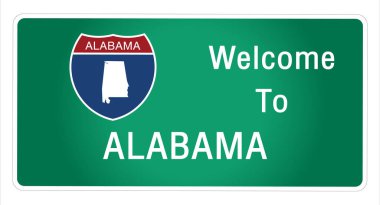 Yol tabelası Amerikan usulü otoyolda imzalanan imzaya hoş geldiniz Alabama eyaleti bilgileri ve haritaları işaret vektörü resim illüstrasyonunun yeşil arka planında sağlıyoruz 