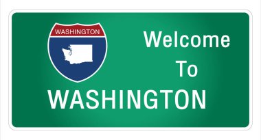 Yol tabelası Amerikan usulü otoyolda imzalanan imzaya hoş geldiniz Washington eyaleti bilgileri ve haritaları işaret vektörü resim illüstrasyonunun yeşil arka planında sağlıyoruz 
