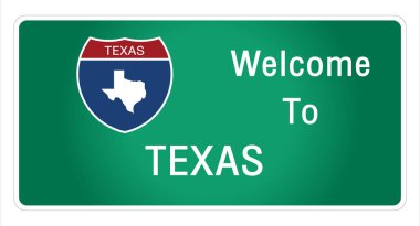 Yol tabelası Amerikan tarzı otoyolda imzalanan imzaya hoş geldiniz. Teksaslı devlet bilgileri ve haritalar, işaret vektörü resim illüstrasyonunun yeşil arka planında sağlanıyor. 