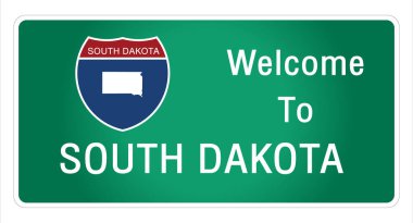 Yol tabelası Amerikan tarzında otoyolda imzalanan imzaya hoş geldiniz Güney Dakota eyaletine ait bilgi ve haritaları işaret vektörü resim illüstrasyonunun yeşil arka planında sunuyoruz 