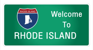 Yol tabelası Amerikan tarzında otoyola hoş geldiniz Rhode Island 'a ait bilgi ve haritaları işaret vektörü resim illüstrasyonunun yeşil arka planında sunuyoruz. 